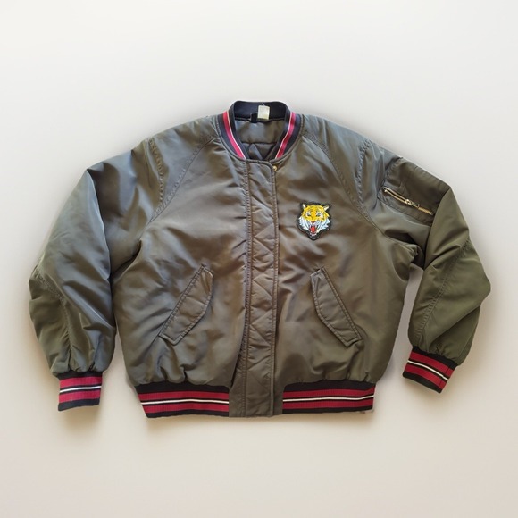 H&M Divided Jackets & Blazers - H&M Divided Bomber Jacket Womens 12 Olive Green Tiger Patch Varsity Streetwear
